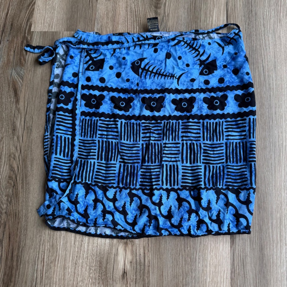 Y2K Banana Split USA Blue Black Fish Batik Wrap Mini Skirt Rayon One Size Sarong